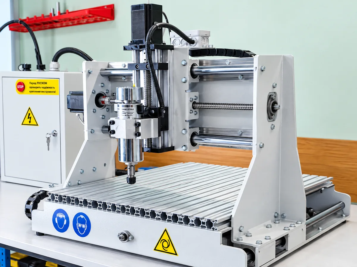 CNC milling machine for metal with control cabinet, three-quarter view