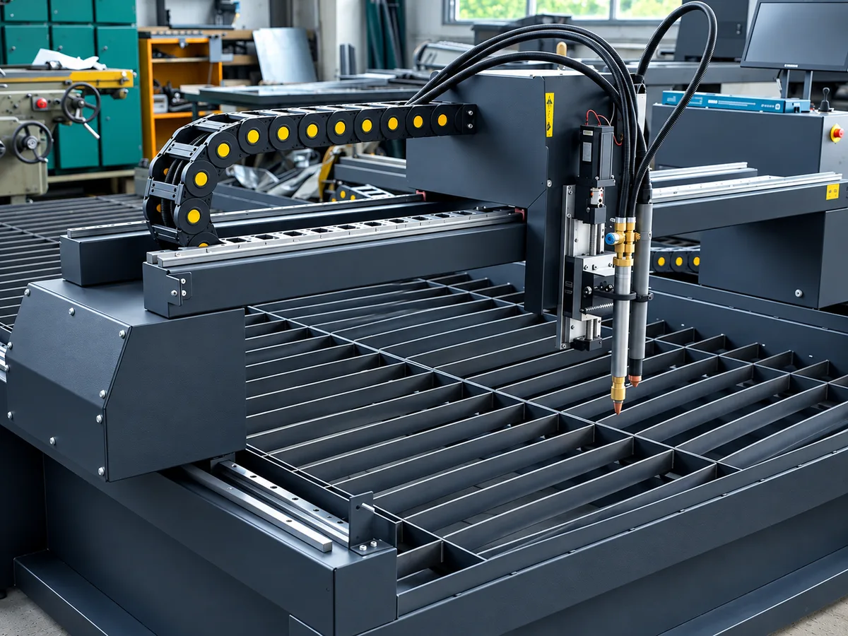 Gantry and plasma torch of a CNC plasma cutting machine above the slat table