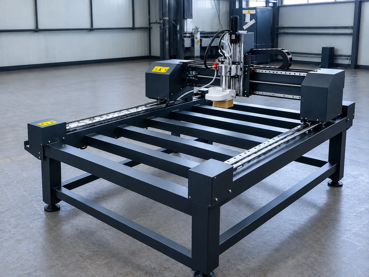 CNC wood router with slat table in the workshop, three-quarter view