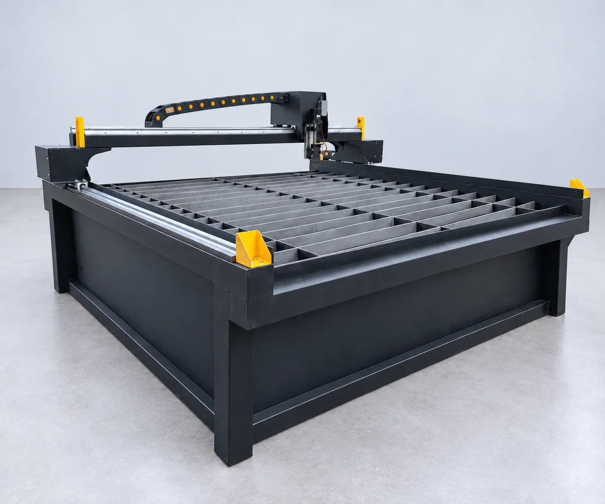 CNC plasma cutting machine with sectional table, three-quarter view